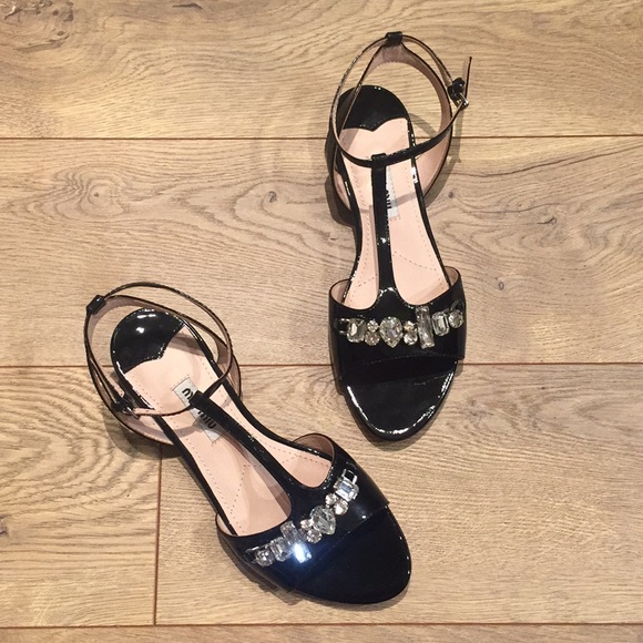 Miu Miu Shoes - *SOLD* Miu Miu t-strap black jewel sandals